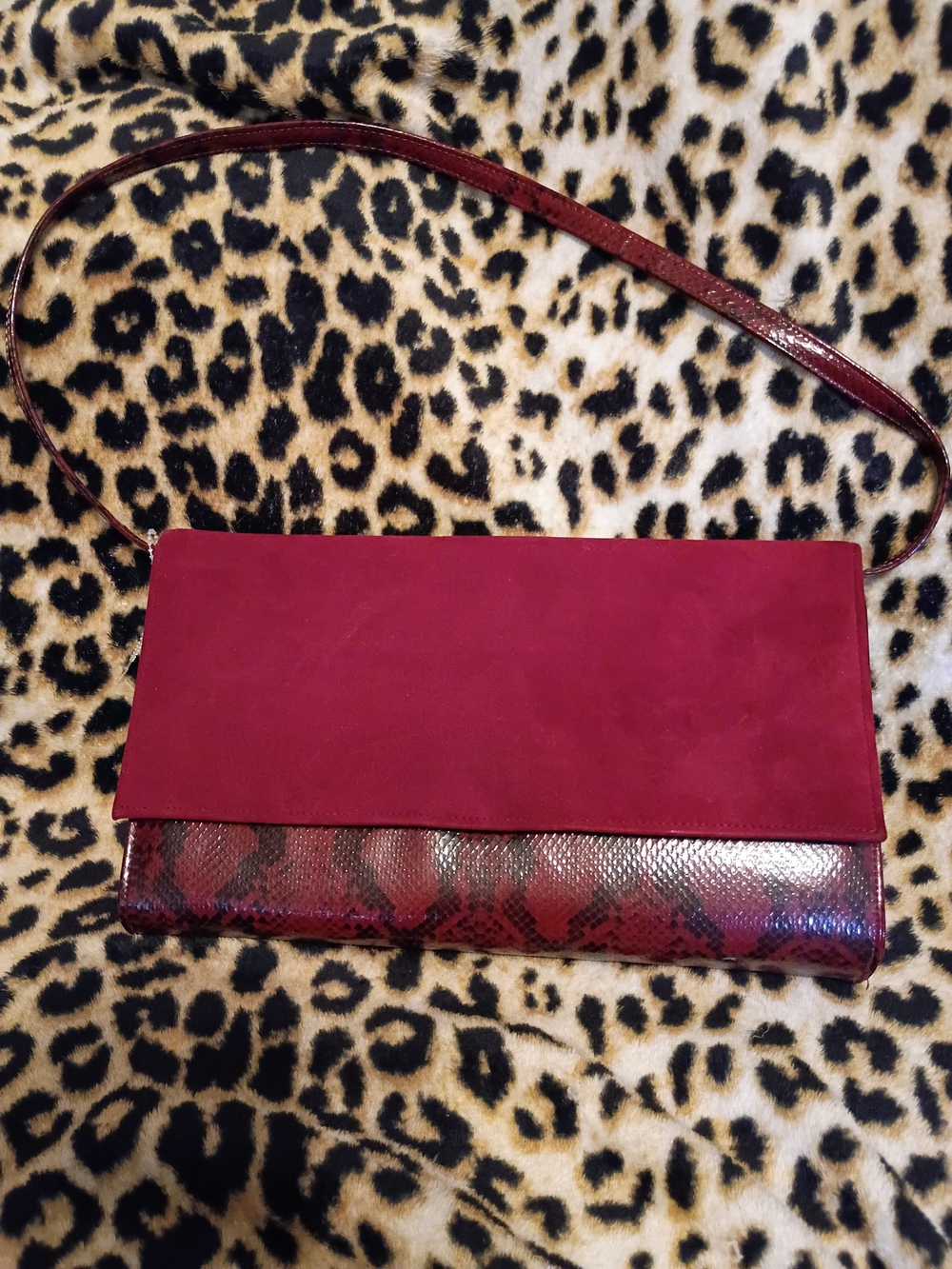 Wine Red Suede & Snakeskin-Texture Crossbody Clutch